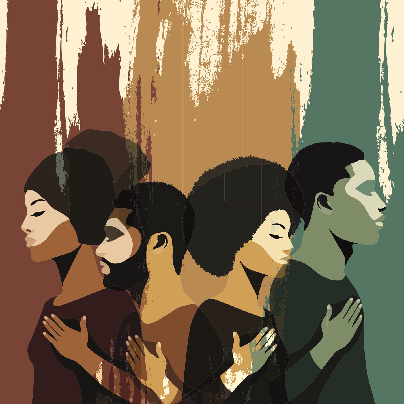 Illustration afrocentrée — personnes la main sur le cœur